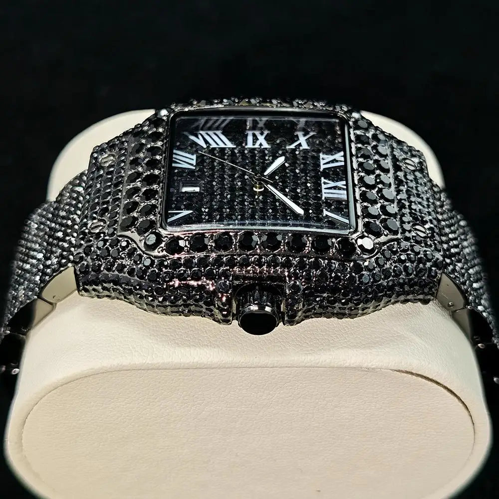 Cool Black Ice Watch For Men Brand UNIGUET Luxury Stainless Steel Quartz Timepiece Man Hip Hop Diamond Square Wristwatch New