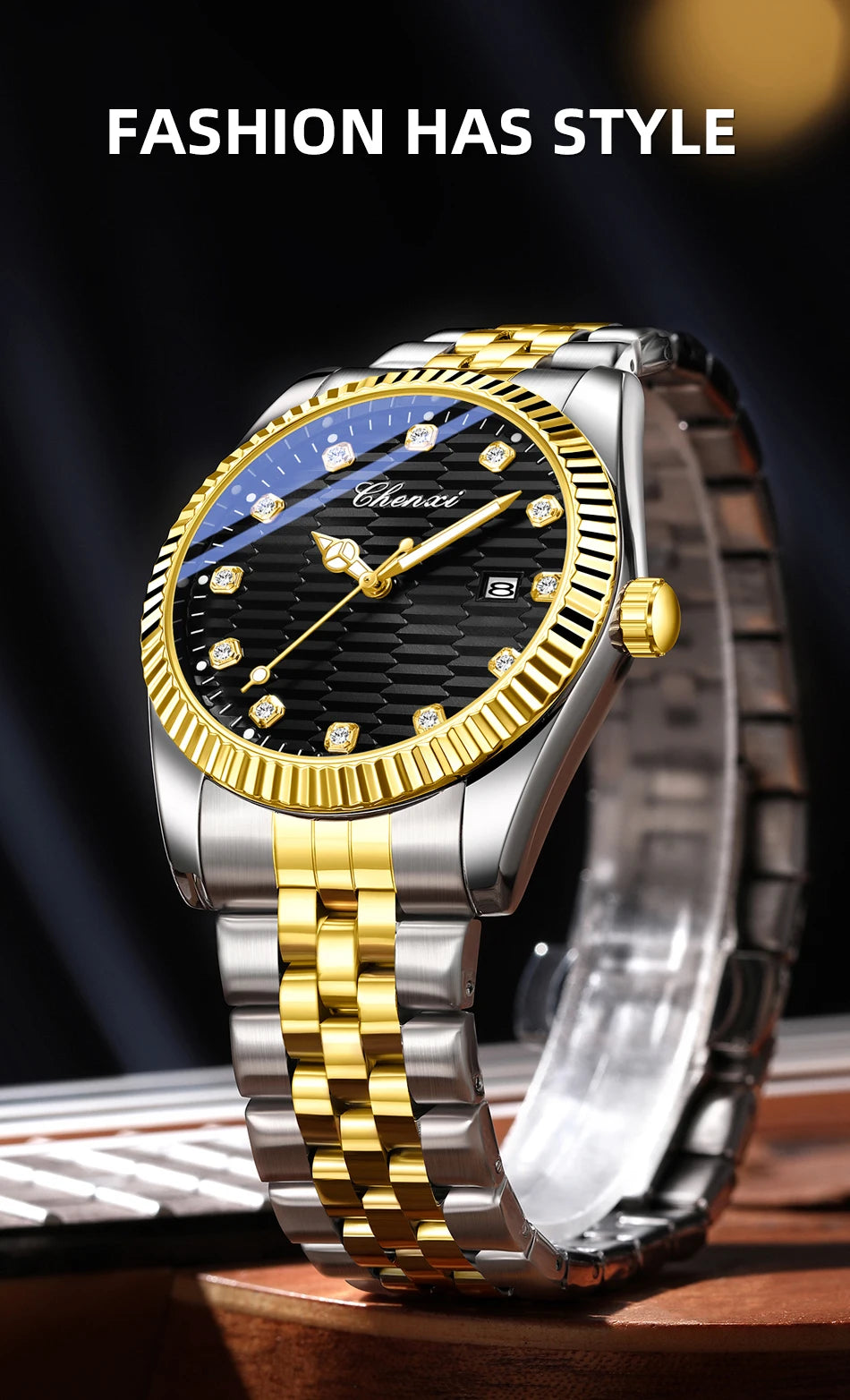 CHENXI Man Watch Classic Fashion Gold Quartz Steel Strap Watches Men Diamond-Set Round Luminous Water-Resistant Date