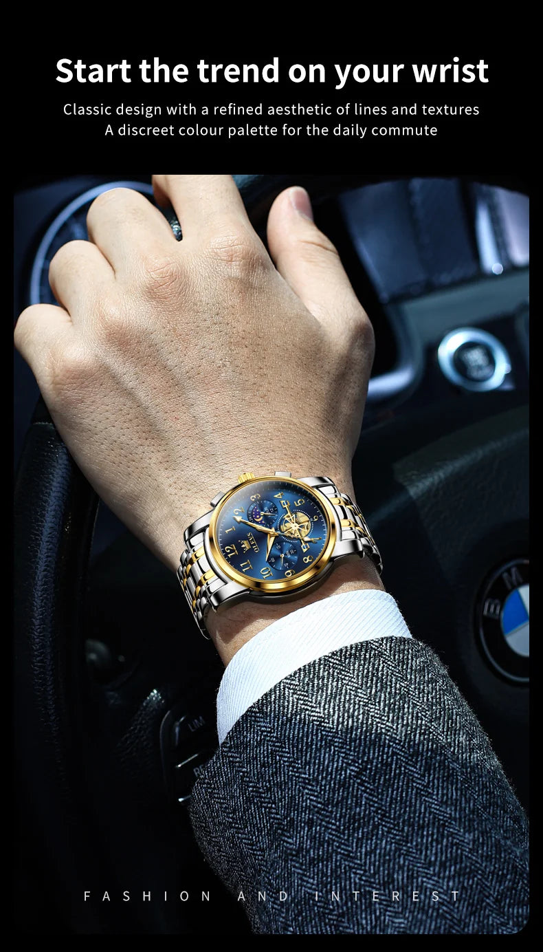 OLEVS 2900 Mens Watch Original Stainless Steel Watches For Men Calendar Moon Phase Quartz Watch Chronograph Freebie Reloj