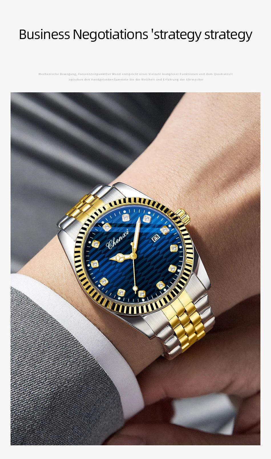 CHENXI Man Watch Classic Fashion Gold Quartz Steel Strap Watches Men Diamond-Set Round Luminous Water-Resistant Date