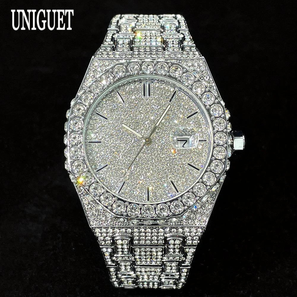 UNIGUET Fashion Iced Out Watch Mens Luxury Waterproof Quartz Watch For Man Hip Hop High Quality Big Diamond Wristwatch Hot Sale