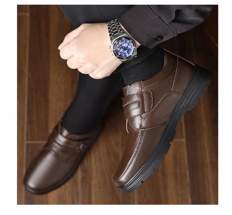 Mens Brown Litchi Grain Genuine Leather Casual Shoes Soft Sole Comfortable Walking Sneakers For Middle Aged Dad And Elderly
