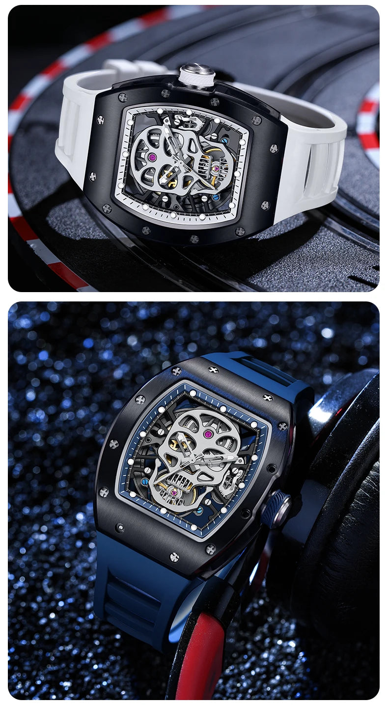 Unique Men Watch Tonneau Casual Wristwatch Soft Silicon Band Fashion Men's Wrist Watches Hollow Out Analog Automatic Watches