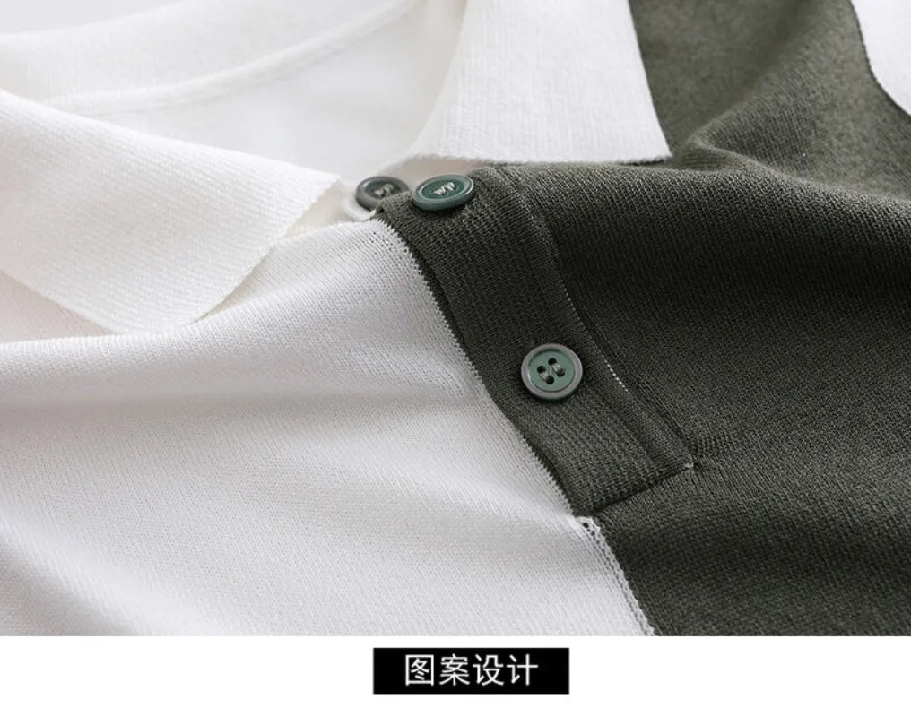 High-quality Color Blocked Striped Knitting Men's Polo Shirts Summer Thin Ice Silk Breathable Lapel T-shirt Business Casual Tees