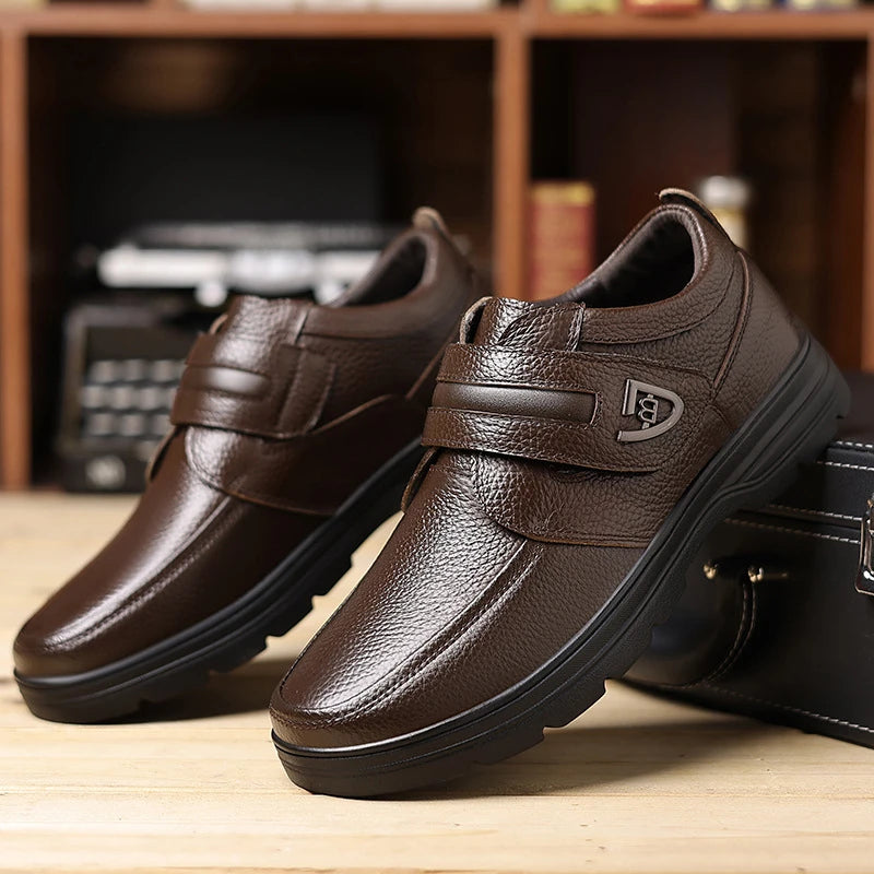 Mens Brown Litchi Grain Genuine Leather Casual Shoes Soft Sole Comfortable Walking Sneakers For Middle Aged Dad And Elderly