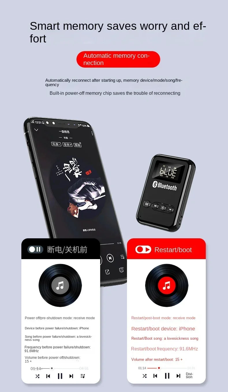 Wireless Audio LED Bluetooth 5.0 Adapter Transmitter Receiver  For Car Music Headphone Speaker, 300mA Battery, Support TF Card