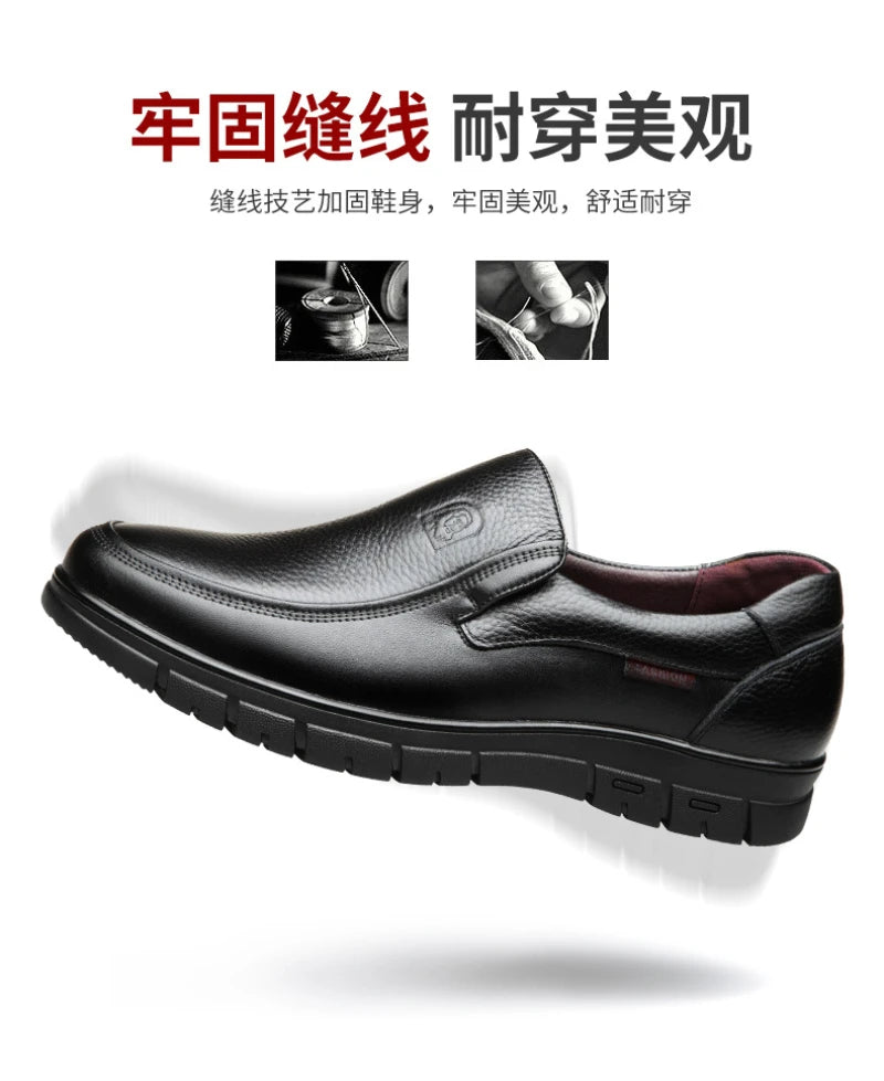 Mens Black Genuine Leather Slip On Loafers Soft Cushioned Sole Comfortable Business Casual Shoes For Middle Aged Dad Daily