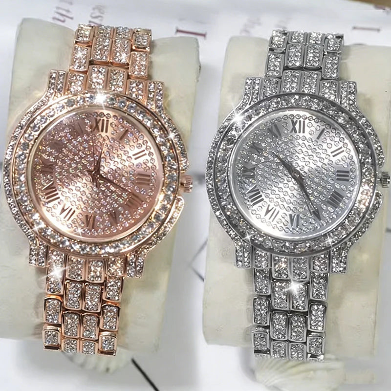 Fashion Luxury Rhinestone Watch Women Sparkling Quartz Timepiece with Stainless Steel Strap Wristwatch Roman Scale Quartz Watch