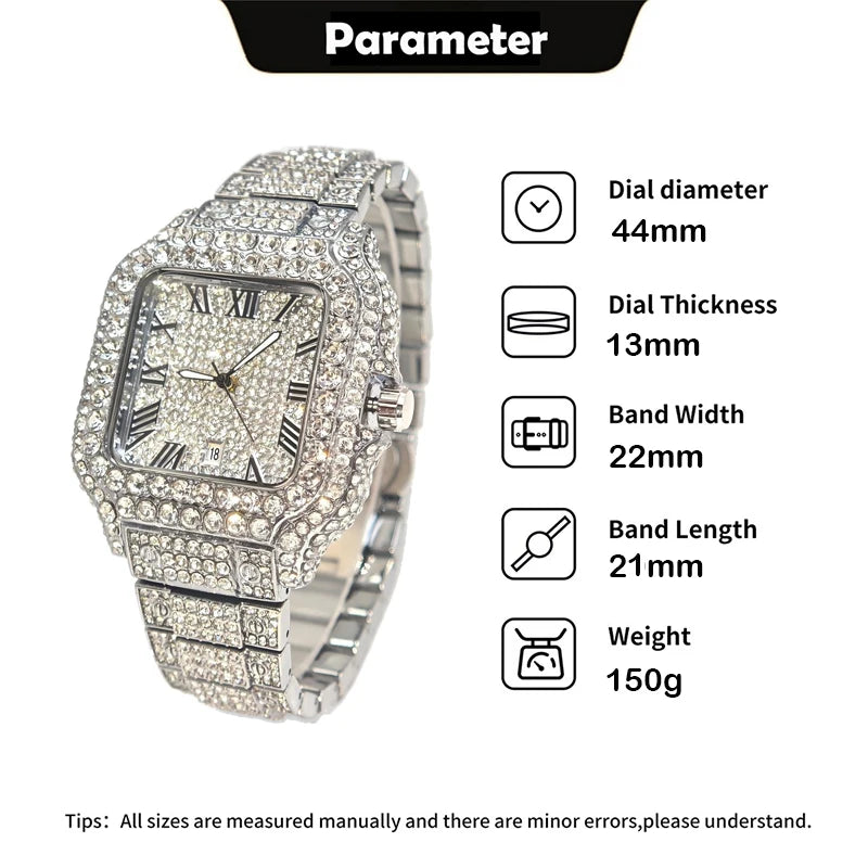 UNIGUET Hot Sale Luxury Iced Watch for Man Fashion Square Watches Men Hip Hop Diamond Bling Jewelry Wristwatch Reloj Hombre