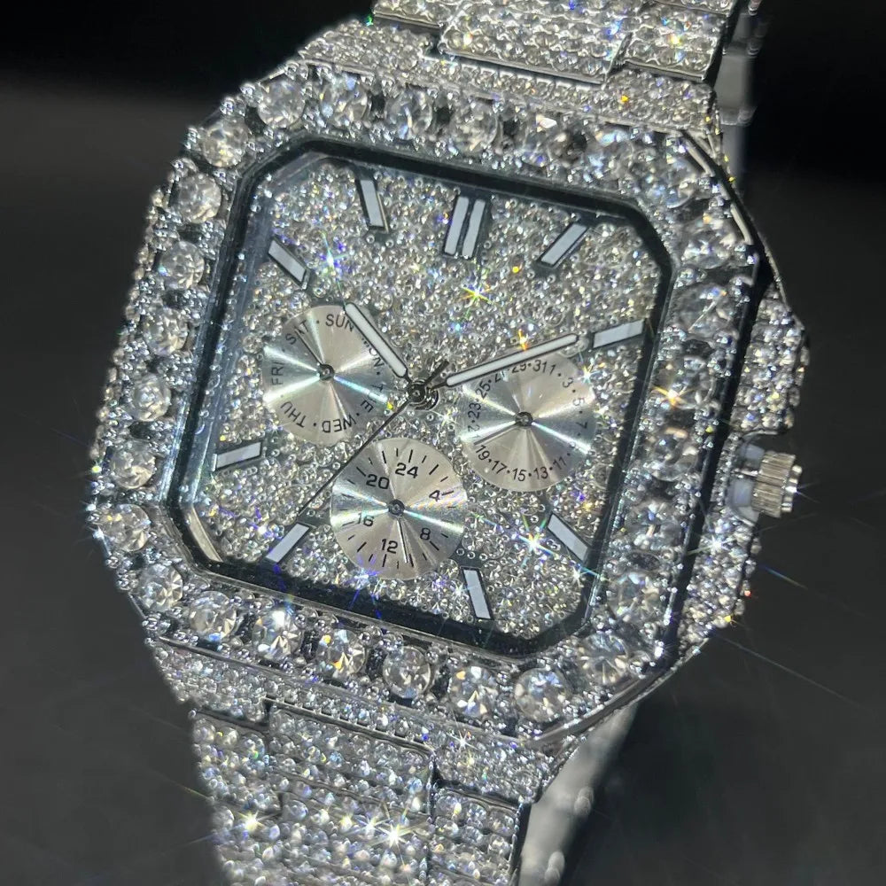 MISSFOX Luxury Diamond Watch for Men Hip Hop Style BlingBling Iced Out Wristwatch Fashion Gold Square Waterproof Clock 2025
