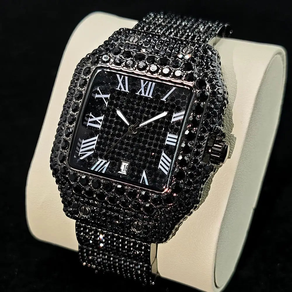 Cool Black Ice Watch For Men Brand UNIGUET Luxury Stainless Steel Quartz Timepiece Man Hip Hop Diamond Square Wristwatch New
