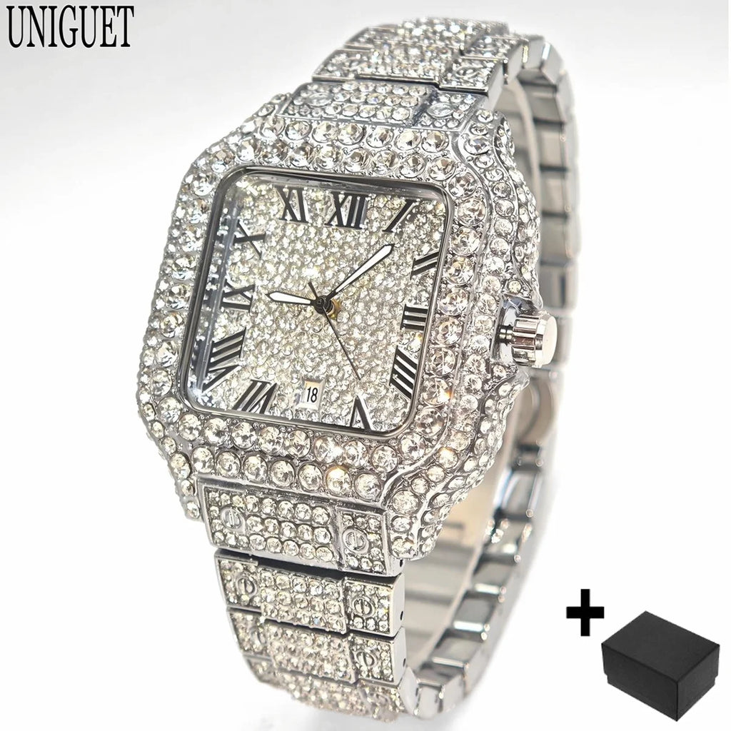 UNIGUET Hot Sale Luxury Iced Watch for Man Fashion Square Watches Men Hip Hop Diamond Bling Jewelry Wristwatch Reloj Hombre