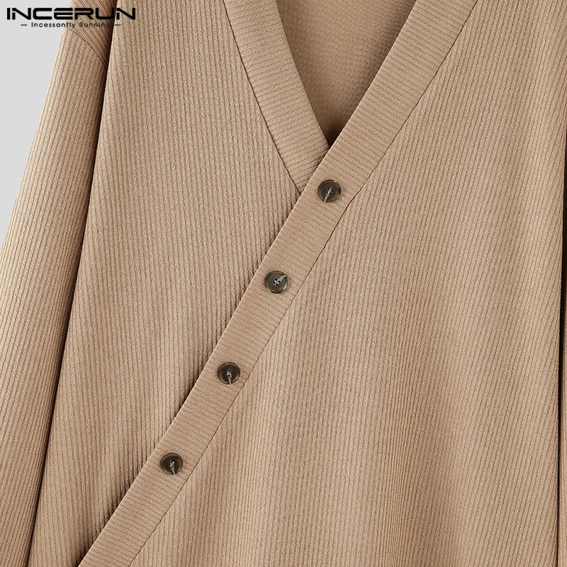 Autumn Stylish Men Tops INCERUN Hot Sale Texture Diagonal Sweater Casual Streetwear Solid V-neck Long Sleeved Sweater S-5XL 2024