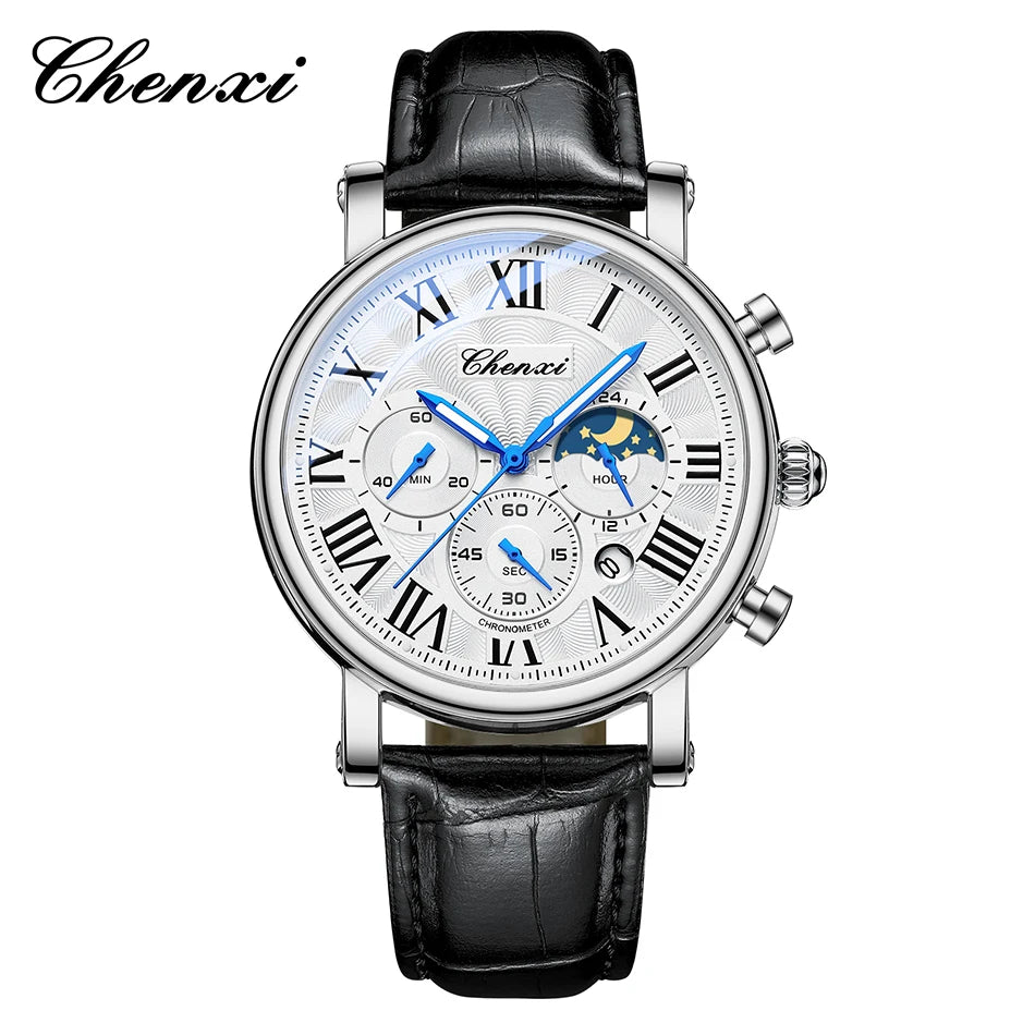 CHENXI Multifunction Men's Watches Business Roman Numerals Leather Strap Quartz Man Watch Chronograph Moon Phase Calendar