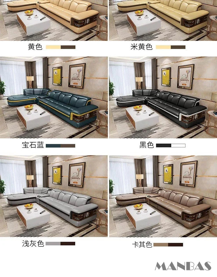 MANBAS Luxury L-Shaped Genuine Leather Sectional Sofa Sets with USB, Bluetooth Speaker - Living Room Italian Leather Couches