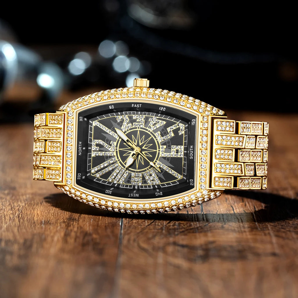 Luxury Gold Watches Men Brand MISSFOX Fashion Hip Hop lce Diamond Sun Pattern Literal Quartz Wristwatch Male Dropshipping Hot