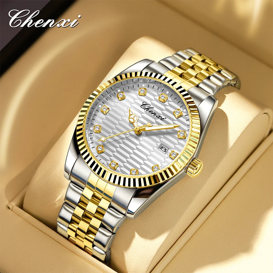 CHENXI Man Watch Classic Fashion Gold Quartz Steel Strap Watches Men Diamond-Set Round Luminous Water-Resistant Date