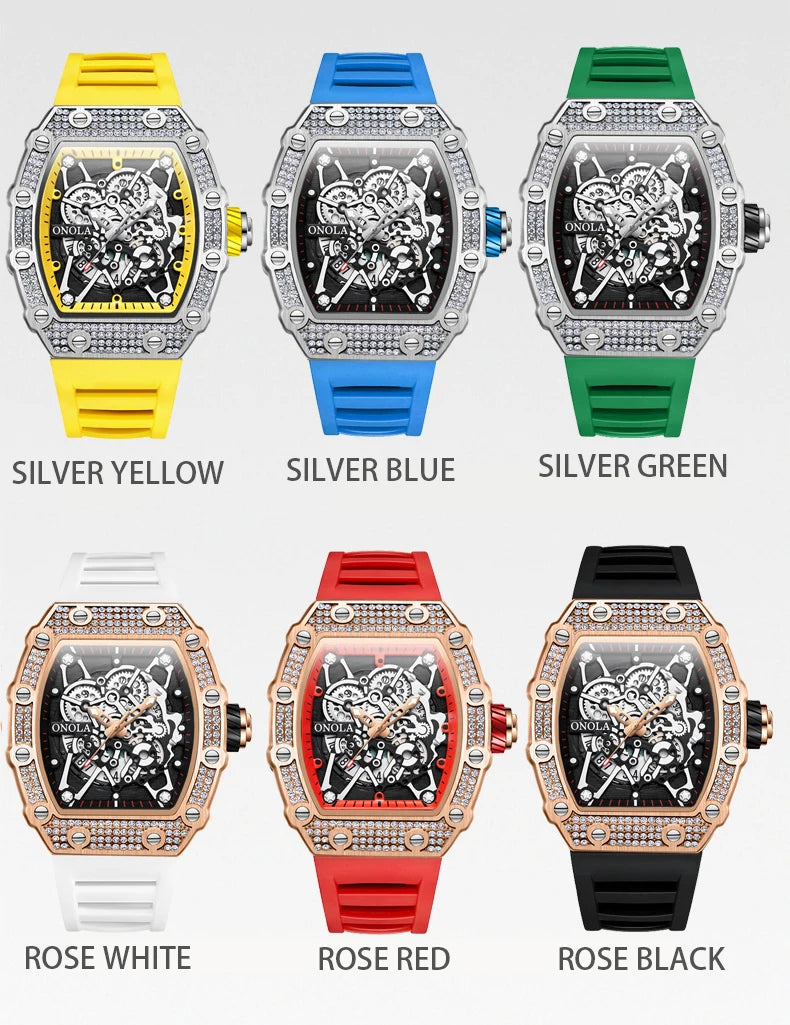 ONOLA Fashion Watch For Men Automatic Date Sports Silicone Strap Tonneau Clock Iced Diamond Quartz WristWatch Reloj Dropshipping