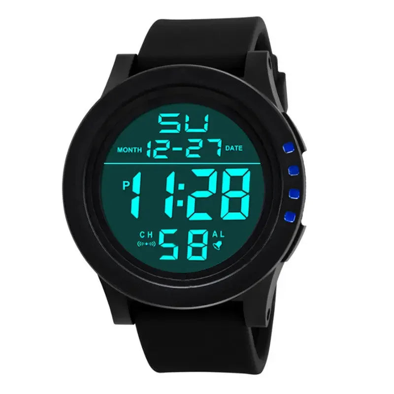 Mens Women Digital Watch Big Dial Light LED Swim Waterproof Rubber Band Alarm Black LED Watches