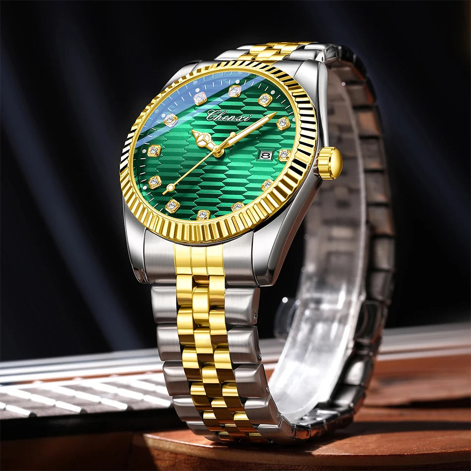 CHENXI Man Watch Classic Fashion Gold Quartz Steel Strap Watches Men Diamond-Set Round Luminous Water-Resistant Date