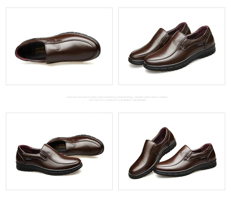 Mens Black Genuine Leather Slip On Loafers Soft Cushioned Sole Comfortable Business Casual Shoes For Middle Aged Dad Daily