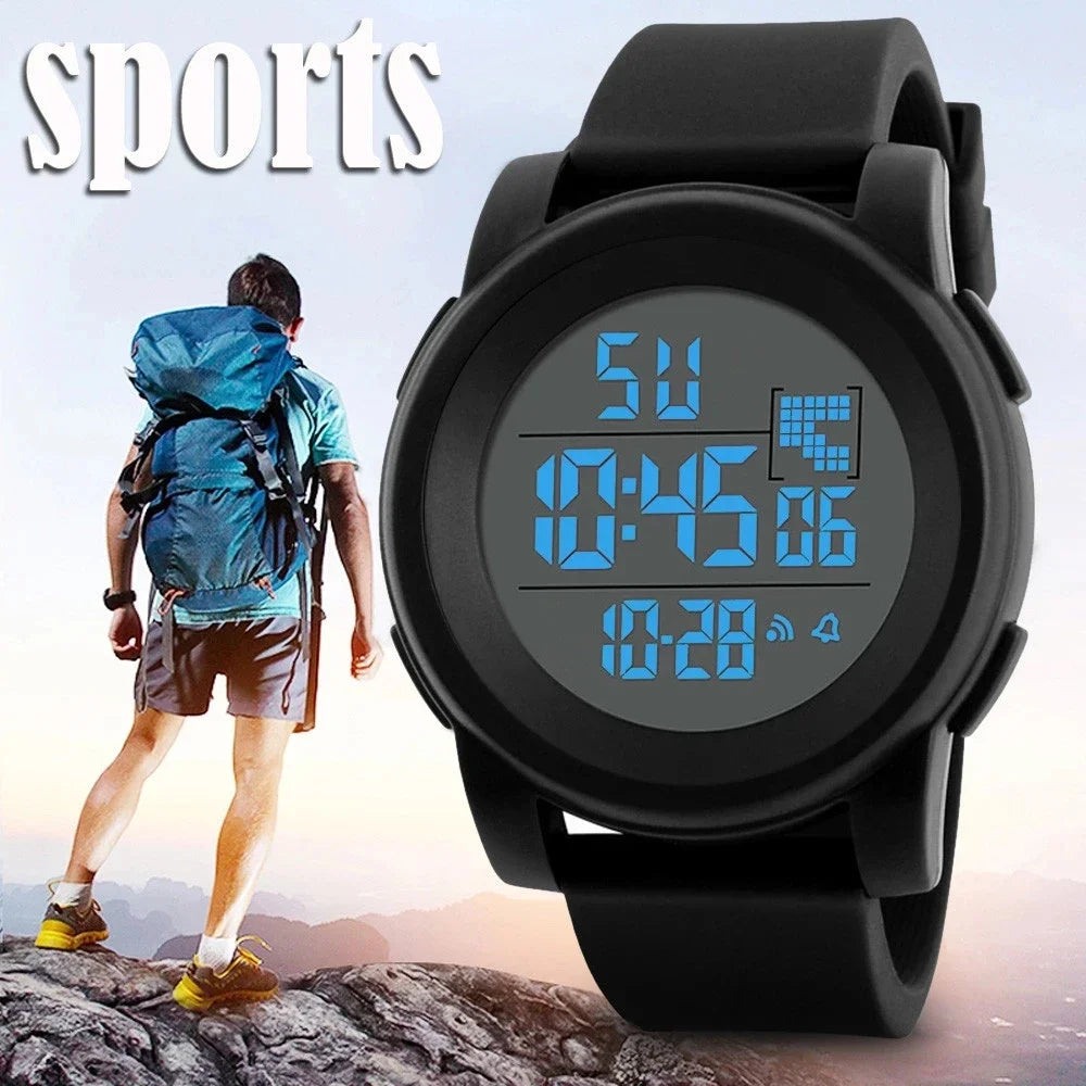 Mens Women Digital Watch Big Dial Light LED Swim Waterproof Rubber Band Alarm Black LED Watches