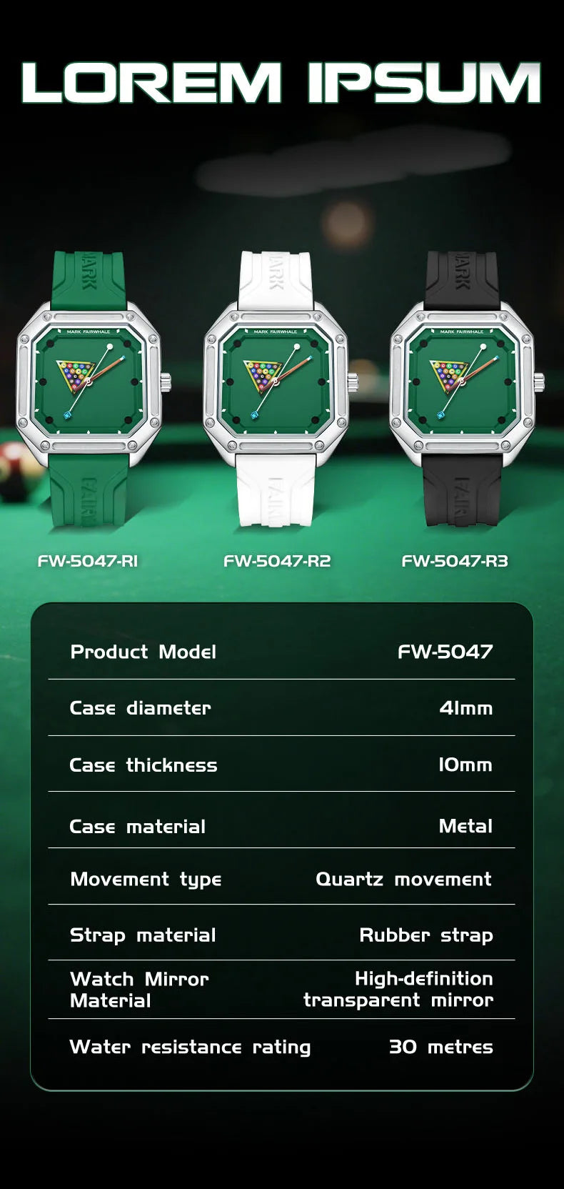 2025 New Original Watch For Man Sport Silicone Strap Waterproof Quartz Watch Fashion Men Billiards Design Green Wristwatch Boy