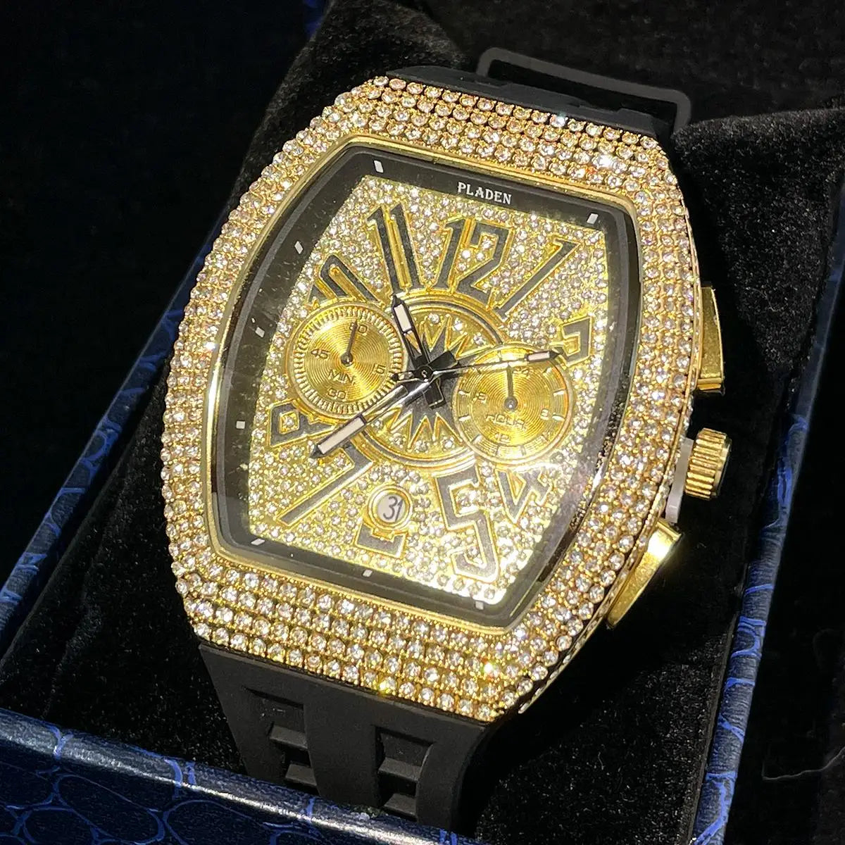 PLADEN Fashion Iced Out Watches Men Casual Blue Silicone Strap Quartz Wristwatch Man's Luxury Diamond Bling Tonneau Clocks 2026
