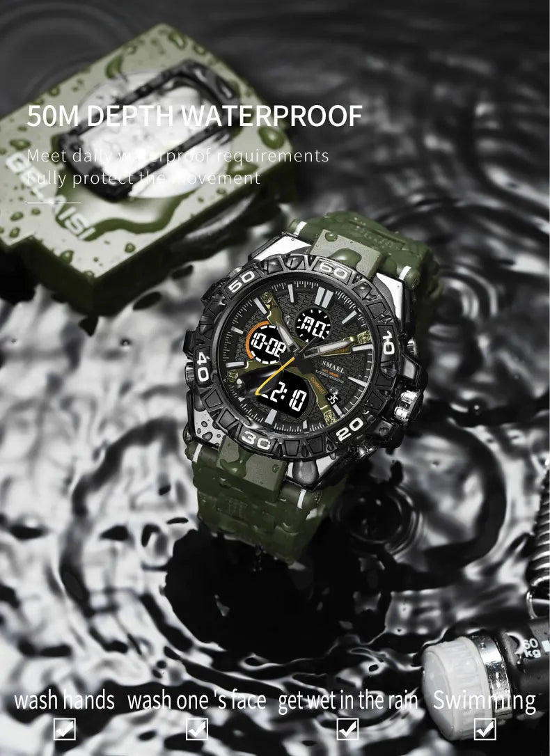 New Men Fashion Watches Quartz Watch Waterproof 50M Man Digital Watch Led 8071 Smael Brand Watch Military Sports Dual Display