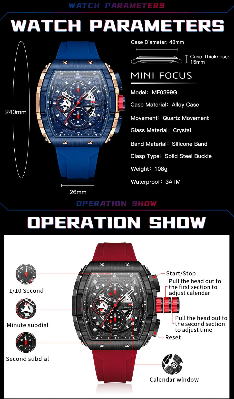 MINI FOCUS Chronograph Quartz Watches for Men Military Sport Silicone Strap Waterproof Wristwatch with Tonneau Dial Auto Date
