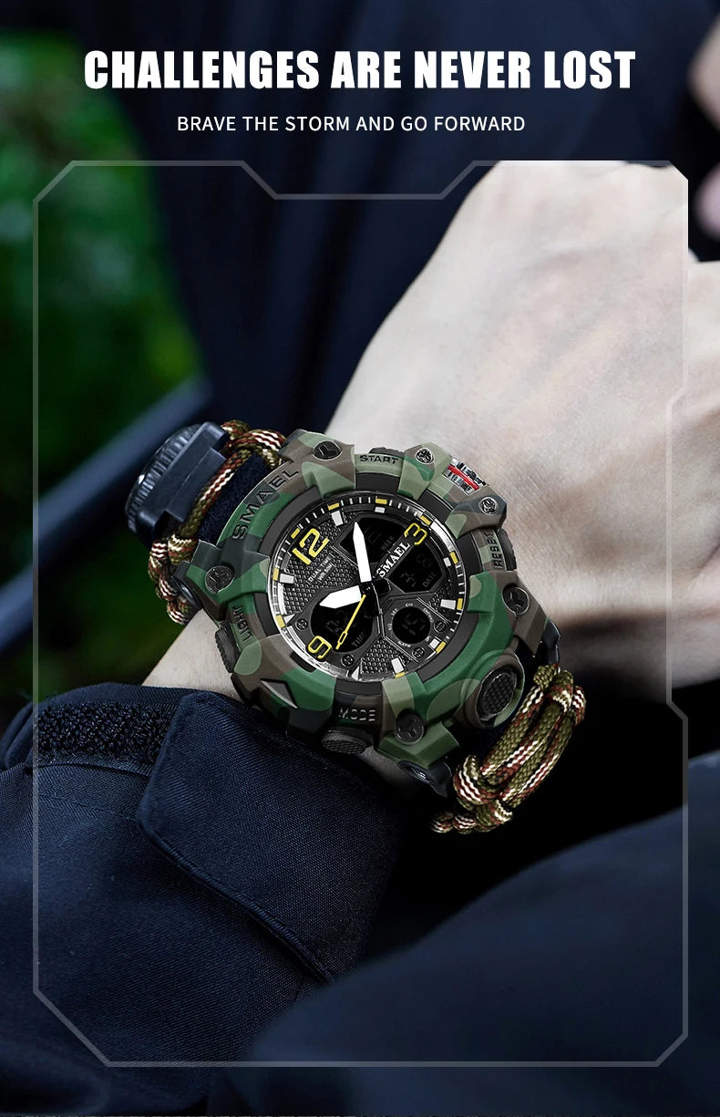 SMAEL 8008N Men's Military Sport Watch - 50M Waterproof LED Dual Time Alarm Stopwatch Compass SOS Shockproof