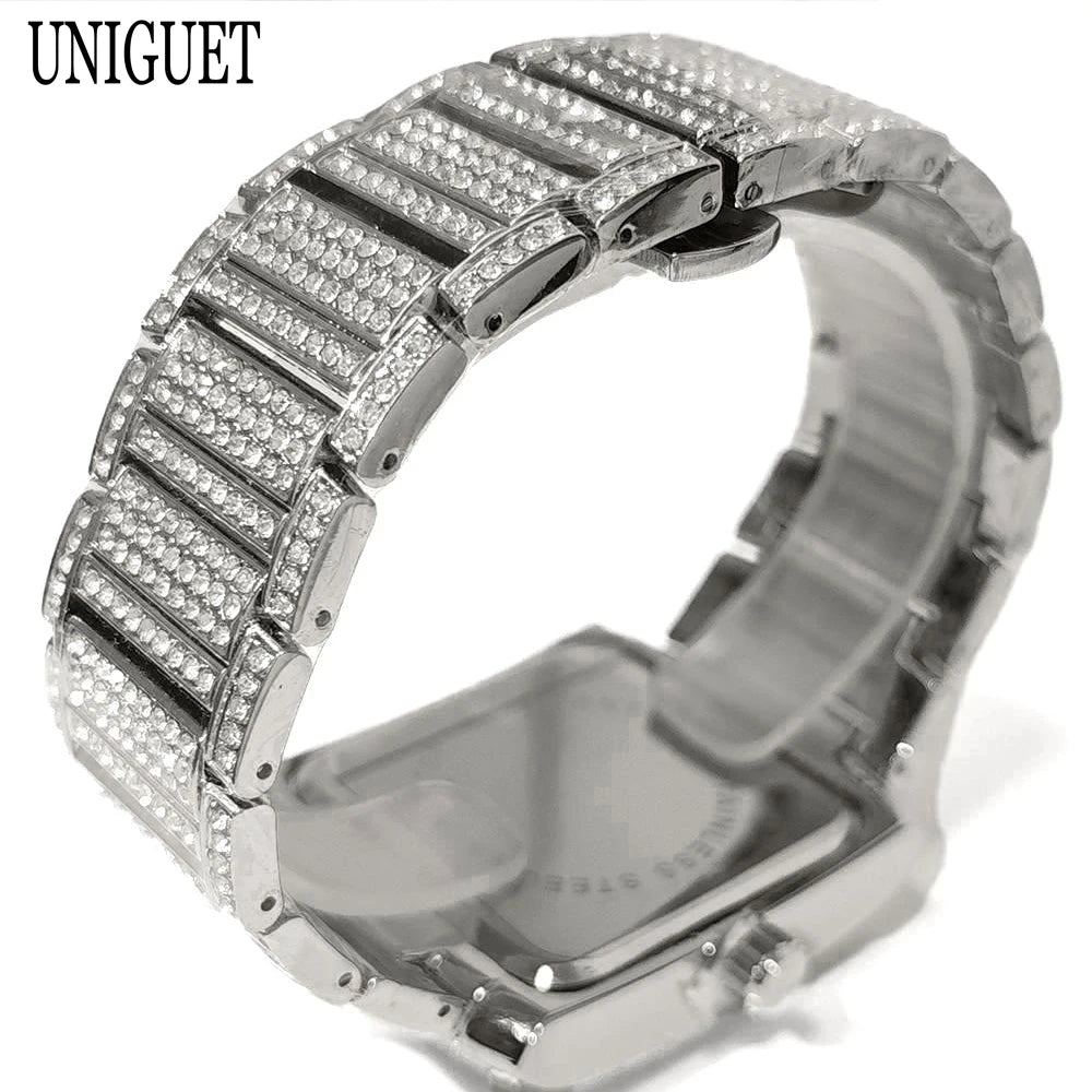 Luxury Brand Mens Silver Stainless Steel Quartz Watch Hip Hop Full Diamond Rectangle AAA Quality Fashion Wristwatch for Men 2025