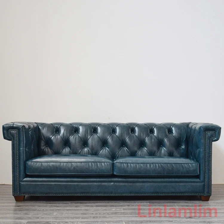 Classic Tufted Couch – Luxury Genuine Leather Chesterfield Sofa 3-Seater with Rolled Arms and Nailhead Trim, for Living Room