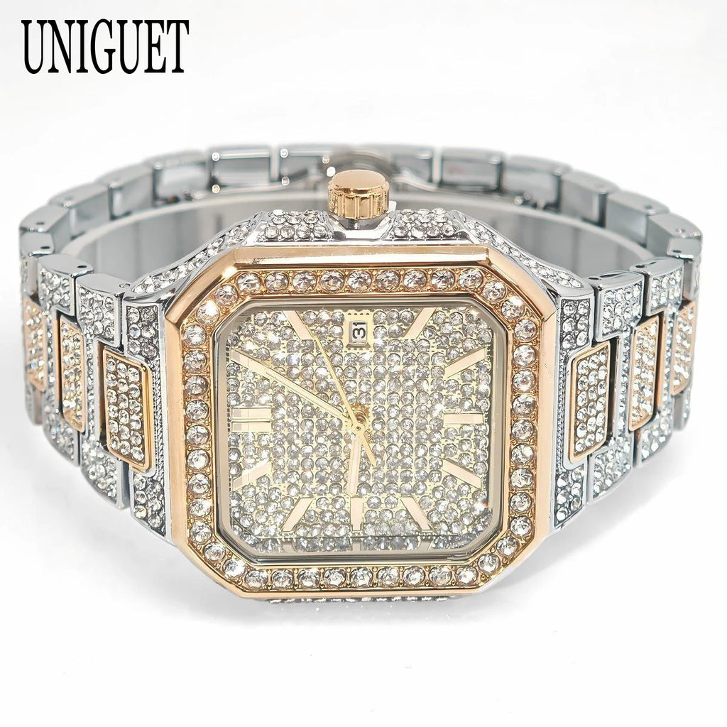 2025 New Black Iced Watch For Men Brand UNIGUET Fashion Waterproof Quartz Watch Man Hip Hop Diamond Jewelry Square Wristwatch