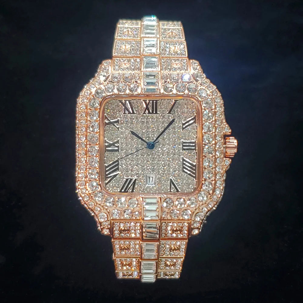 Luxury Original Brand Men Watch Fashion Bling Diamond Inlay Square Wristwatch Hip Hop Iced Out Man Jewelry Clock Dropshipping