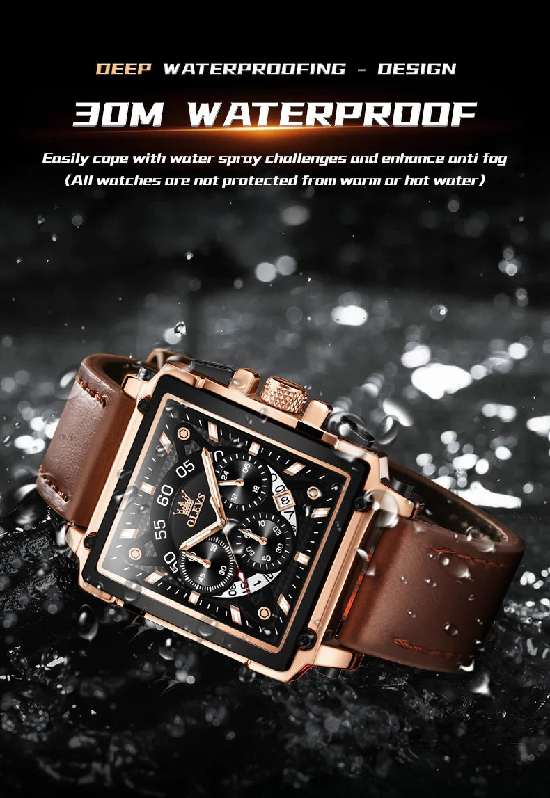 OLEVS Mens Watch Square Quartz Watch Multifunctional Business Watches For Man Waterproof Luminous Box Gift Leather Strap 9919