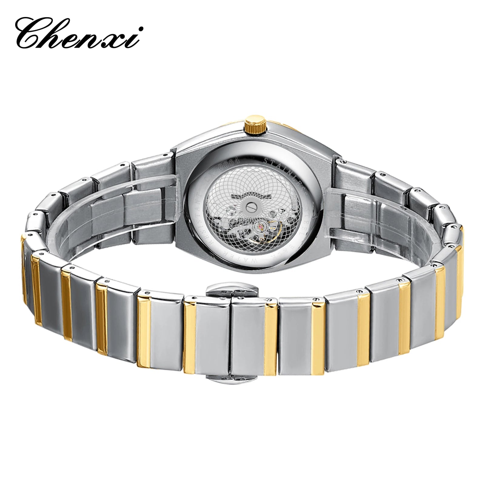 CHENXI Watches For Men Sweep Second Movement See-through Quartz, Waterproof Mens Watch Stainless Steel Golden Wristwatches