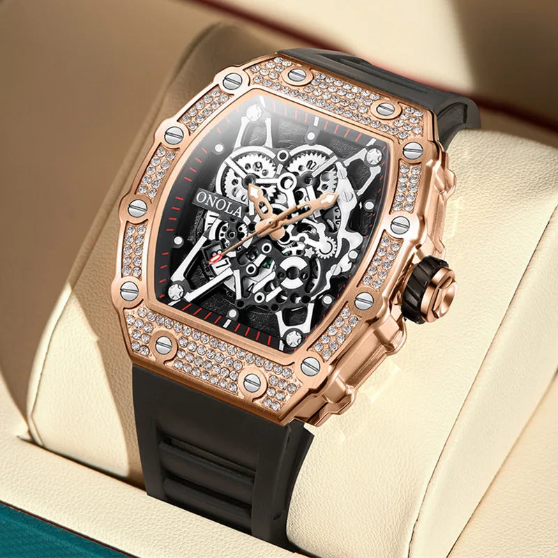ONOLA Fashion Watch For Men Automatic Date Sports Silicone Strap Tonneau Clock Iced Diamond Quartz WristWatch Reloj Dropshipping