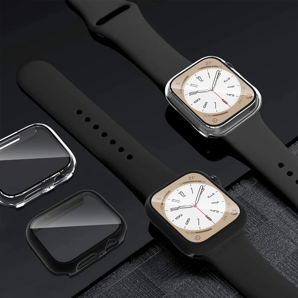 Tempered Glass+cover For Apple Watch 9 8 7 41mm 45mm 42mm 38mm PC bumper Screen Protector Case iWatch series 6 5 4 se 44mm 40mm