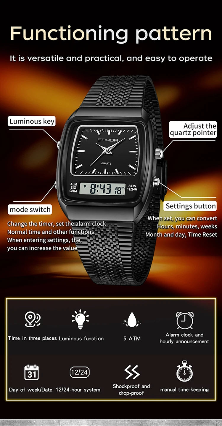 SANDA Outdoor Dual Display Men's Watch Luminous Waterproof TPU Strap Large Dial Chronograph Calendar Sports Wristwatch