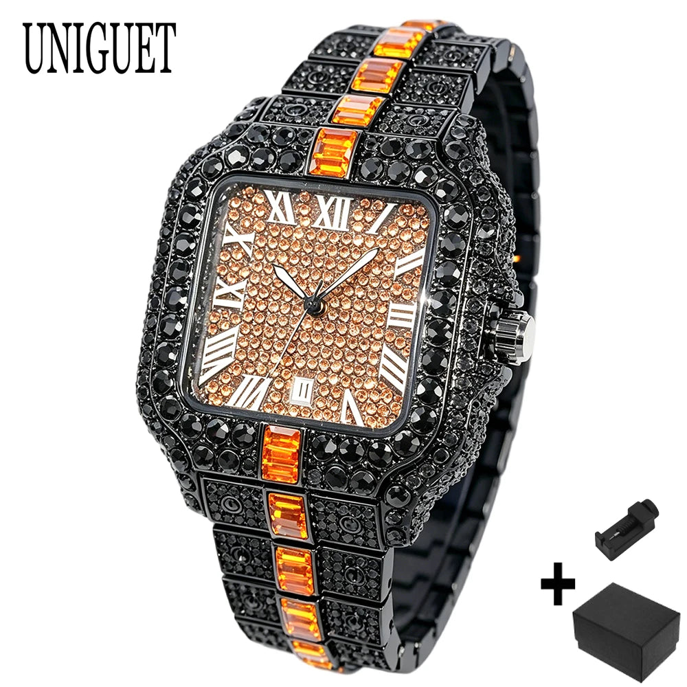 UNIGUET Cool Black Diamond Watch For Men Fashion Hip Hop Green Iced Out Square Quartz Wristwatch With Date Reloj Hombre