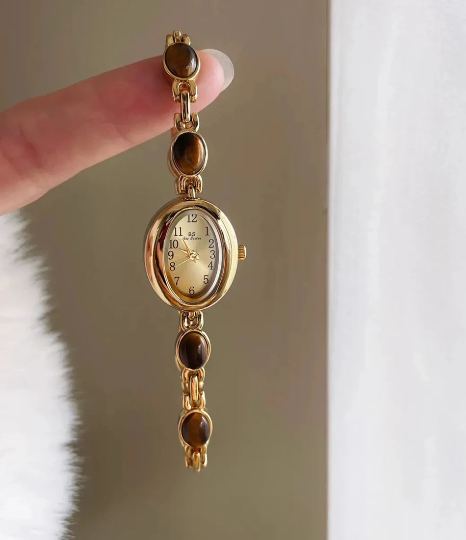 Luxury Vintage Quartz Women's Watches Fashion Natural Green Jade Bracelet Clock Numerals Small Oval Dial Watch Woman Accesories