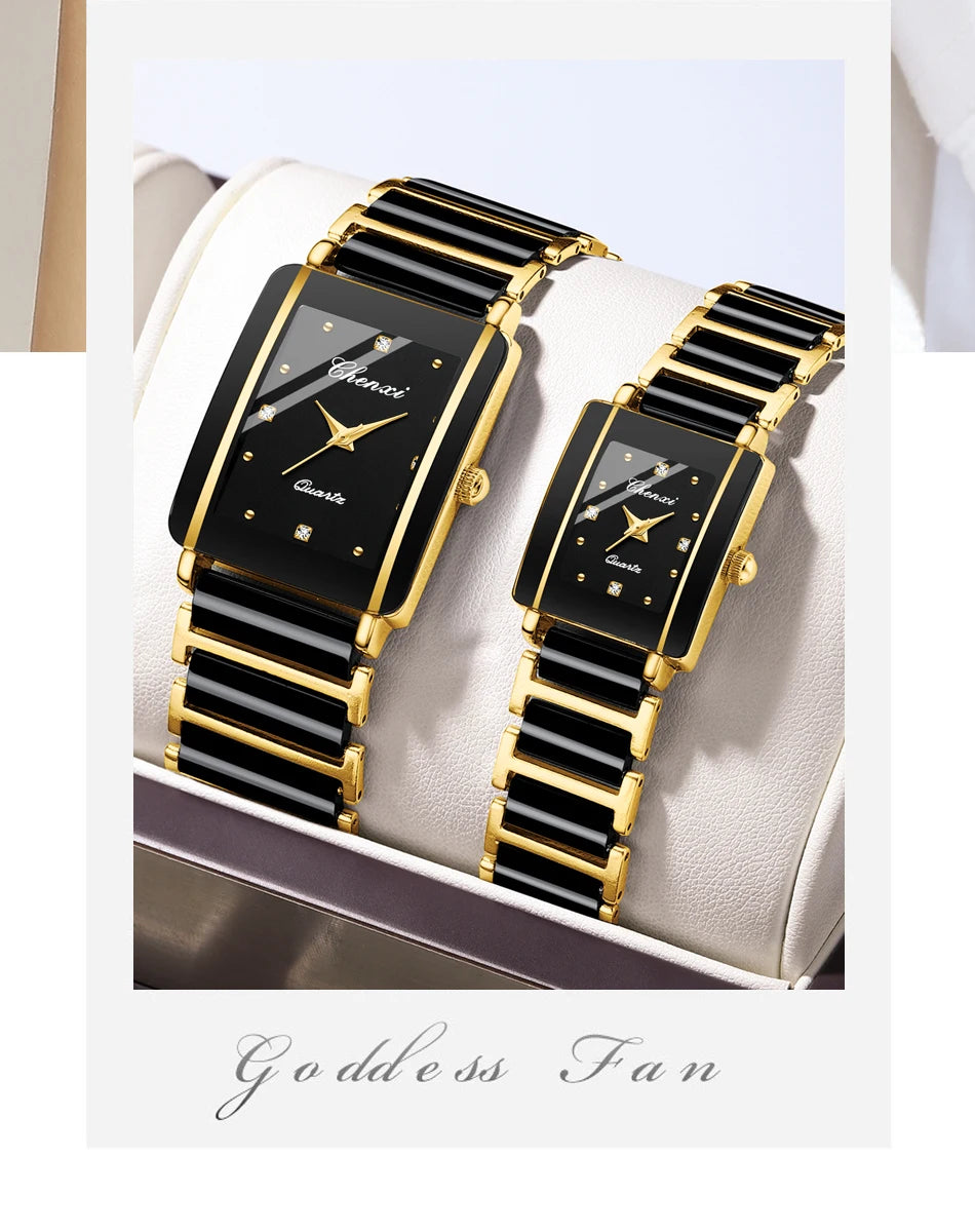 CHENXI Luxury Couple Watch High Quality Fashion Crystal Rectangular Dial Quartz Watch Men Women Valentine'S Day Wedding Gift