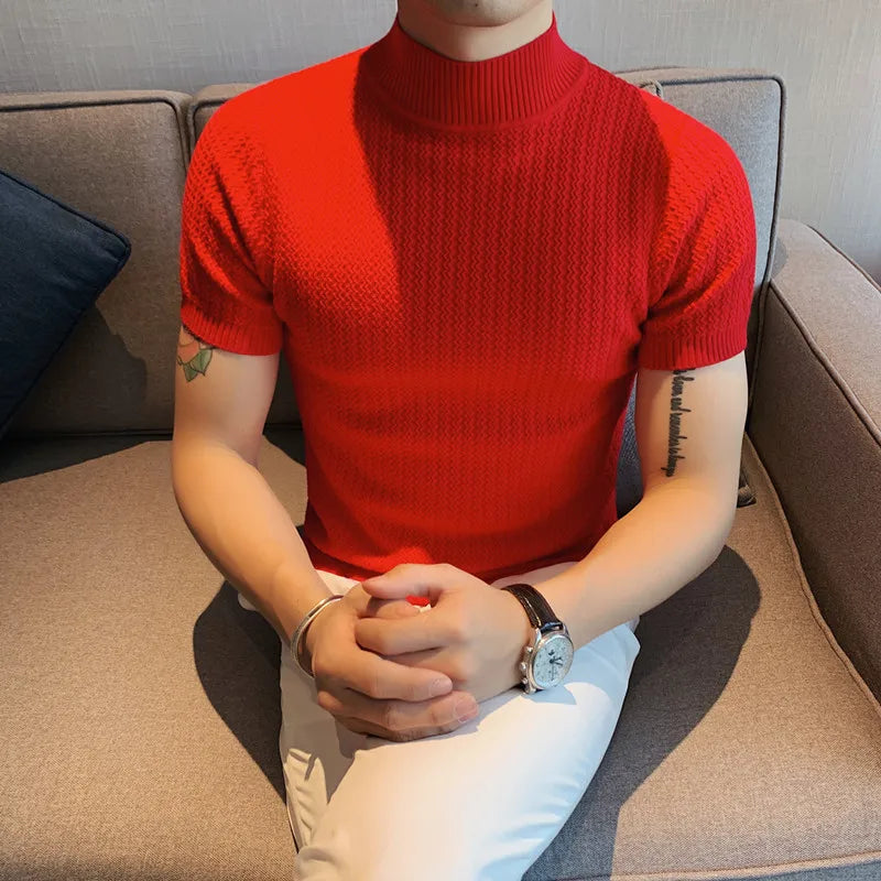 Fall Winter New Short Sleeve Knitted Sweater Men Clothing Half High Neck Slim Fit Sweater T-shirt Casual Stretch Homme Pullover