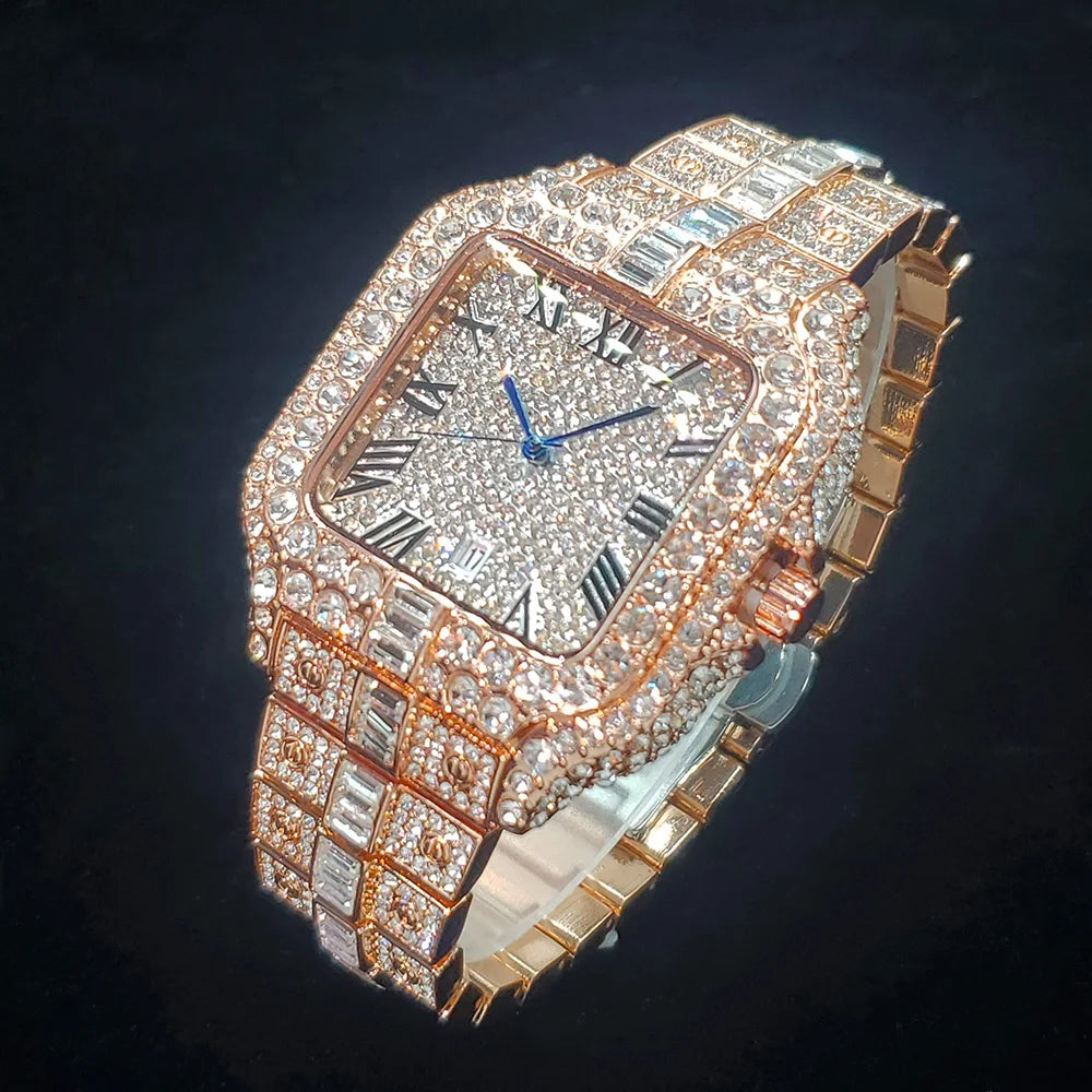 Luxury Original Brand Men Watch Fashion Bling Diamond Inlay Square Wristwatch Hip Hop Iced Out Man Jewelry Clock Dropshipping