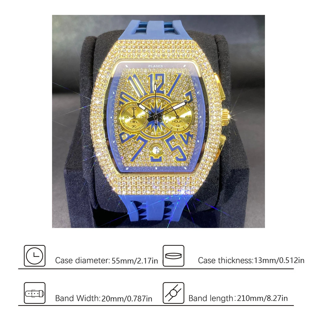 PLADEN Fashion Iced Out Watches Men Casual Blue Silicone Strap Quartz Wristwatch Man's Luxury Diamond Bling Tonneau Clocks 2026