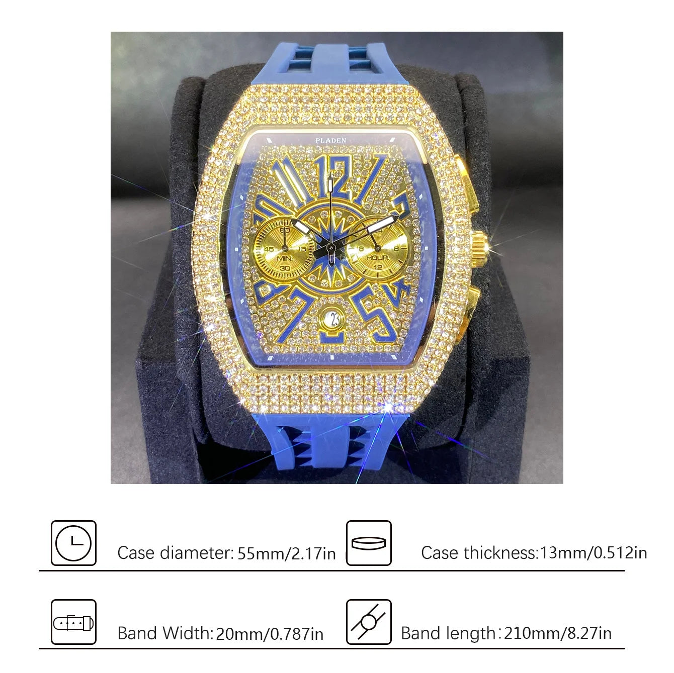 PLADEN Fashion Iced Out Watches Men Casual Blue Silicone Strap Quartz Wristwatch Man's Luxury Diamond Bling Tonneau Clocks 2026