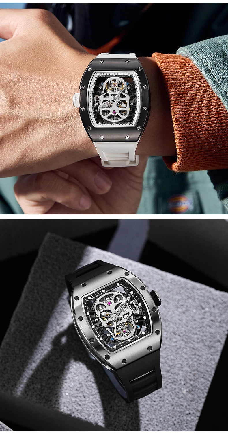 Unique Men Watch Tonneau Casual Wristwatch Soft Silicon Band Fashion Men's Wrist Watches Hollow Out Analog Automatic Watches