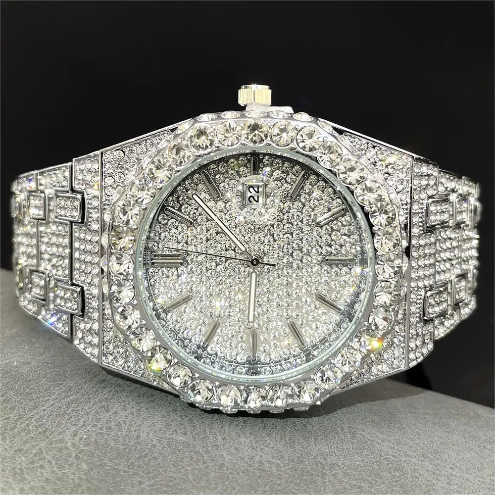 UNIGUET Cool Black Watch For Men Luxury Stainless Steel Quartz Watches Fashion Hip Hop Iced Diamond Wristwatch Man Dropshipping