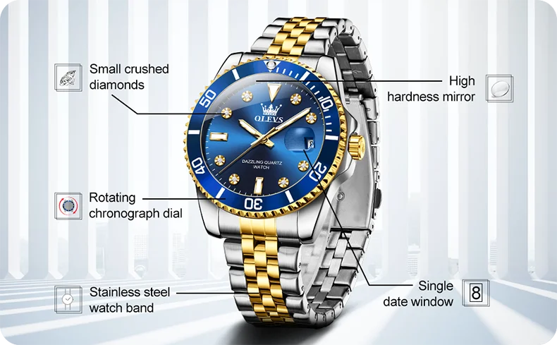 OLEVS 9809 Mens Watch Original Fashion Quartz Watch Zircon Scale Waterproof Luminous Reloj Hombre Automatic Date Watch For Man